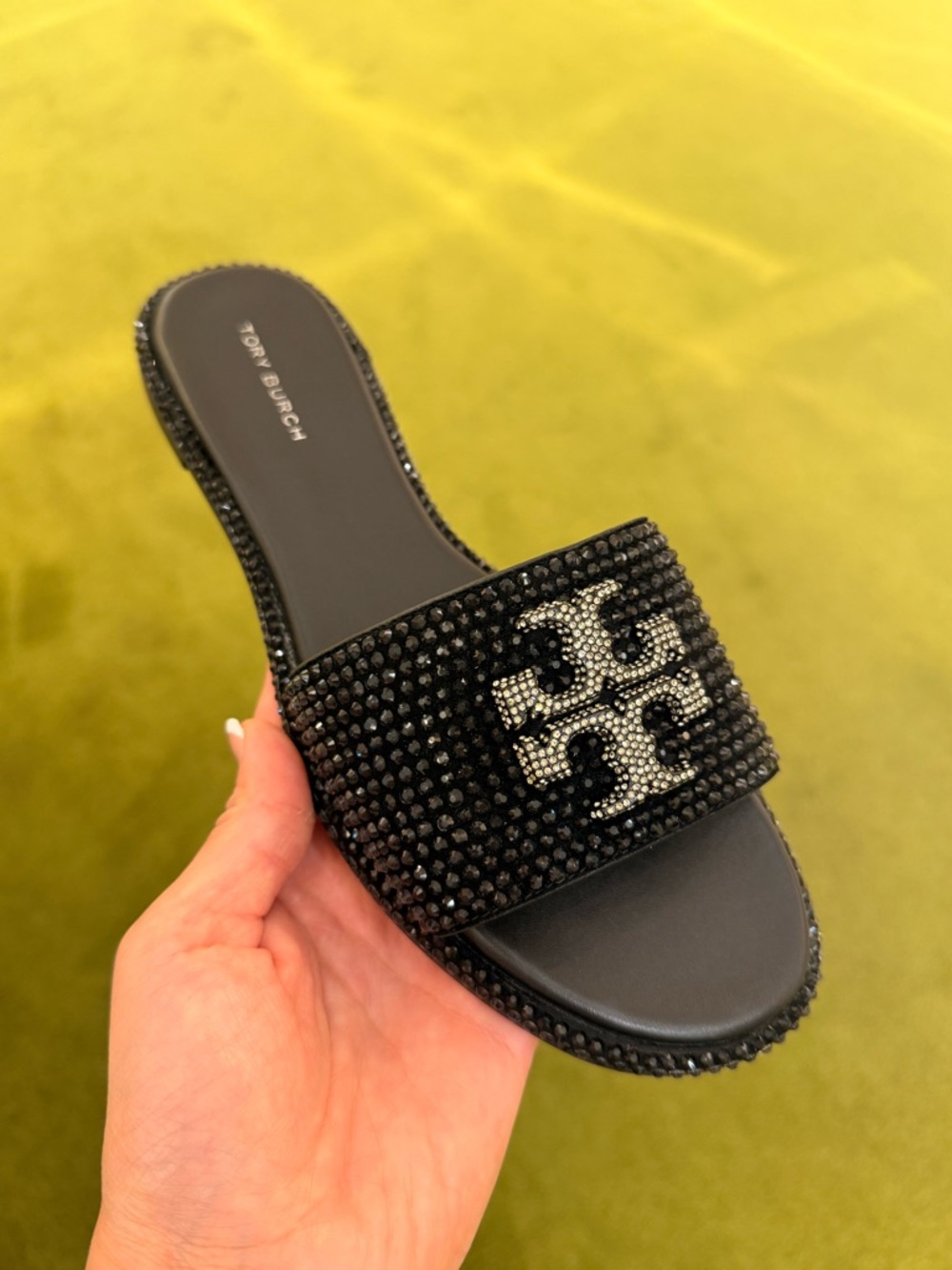 Tory Burch Everly Crystal Logo Rhinestone Slide Sandals, Black / Clear / Silver - Picture 2 of 6